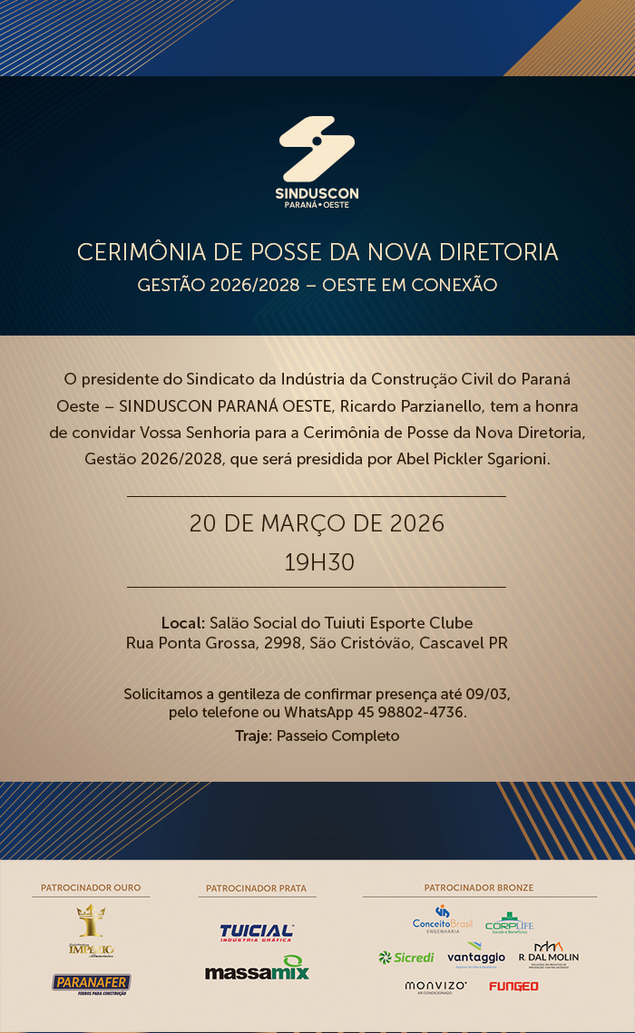 Banner: Sinduscon realiza posse solene da nova diretoria dia 20/03 