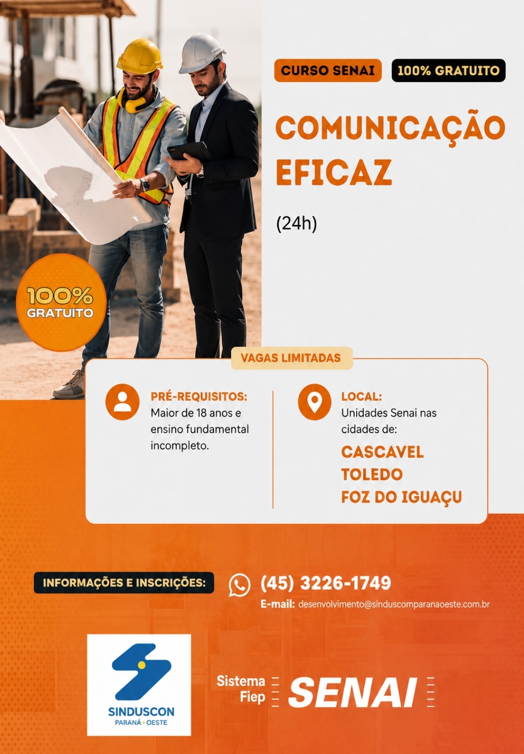 Banner: Sinduscon oferta curso gratuito de Comunicação Eficaz em três cidades