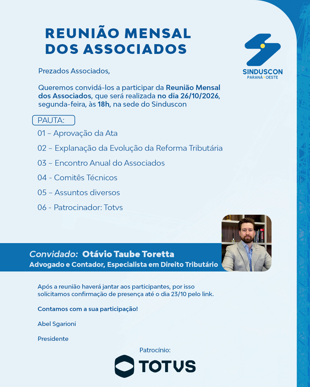 Banner: Sinduscon convoca os associados para  discutir impactos da Reforma Tributária