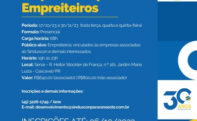 CURSO DE GESTÃO DE EMPREITEIRAS DO SINDUSCON COMEÇA DIA 17 DE OUTUBRO