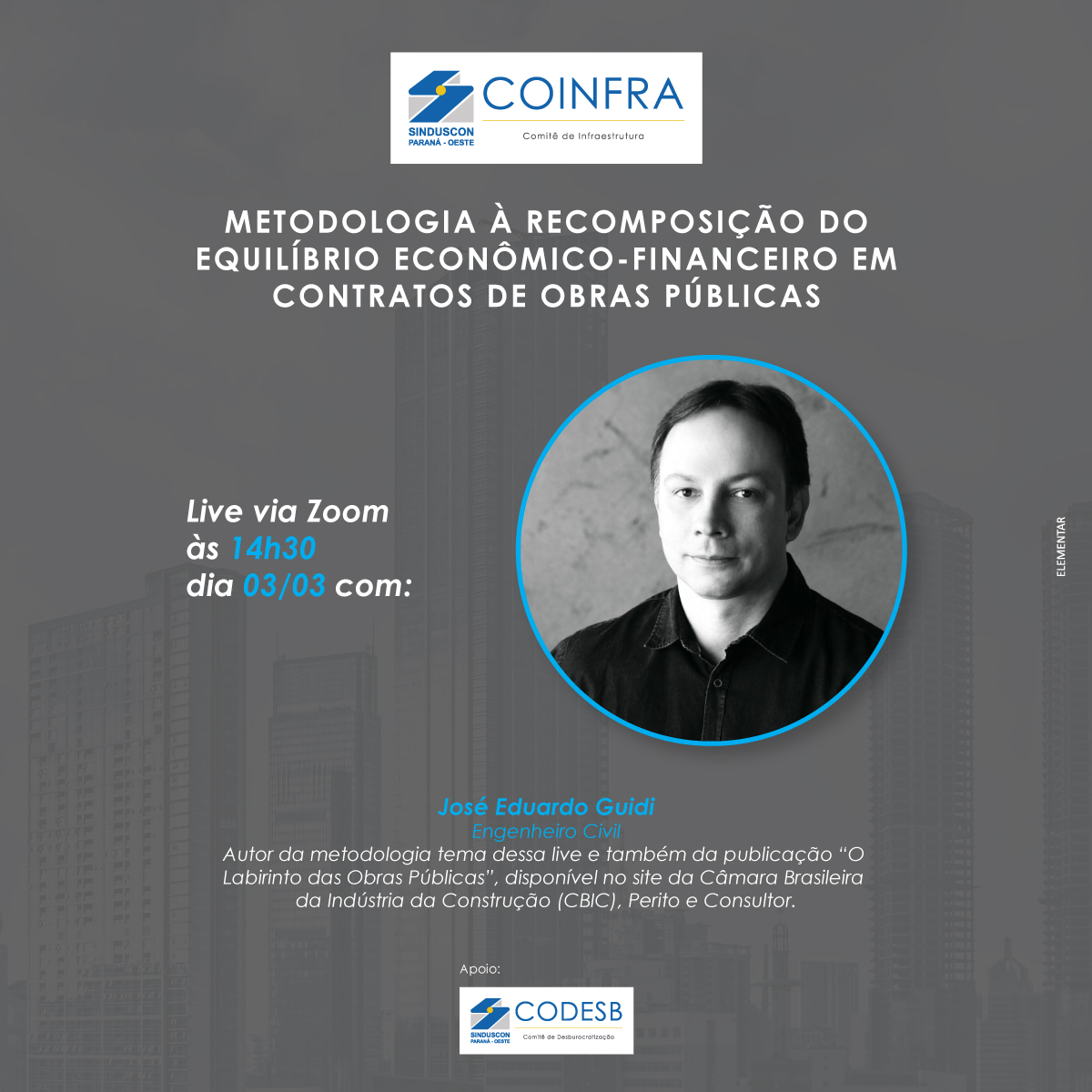 Banner: Live com o tema “Metodologia à recomposição do equilíbrio econômico-financeiro em contratos de obras públicas”