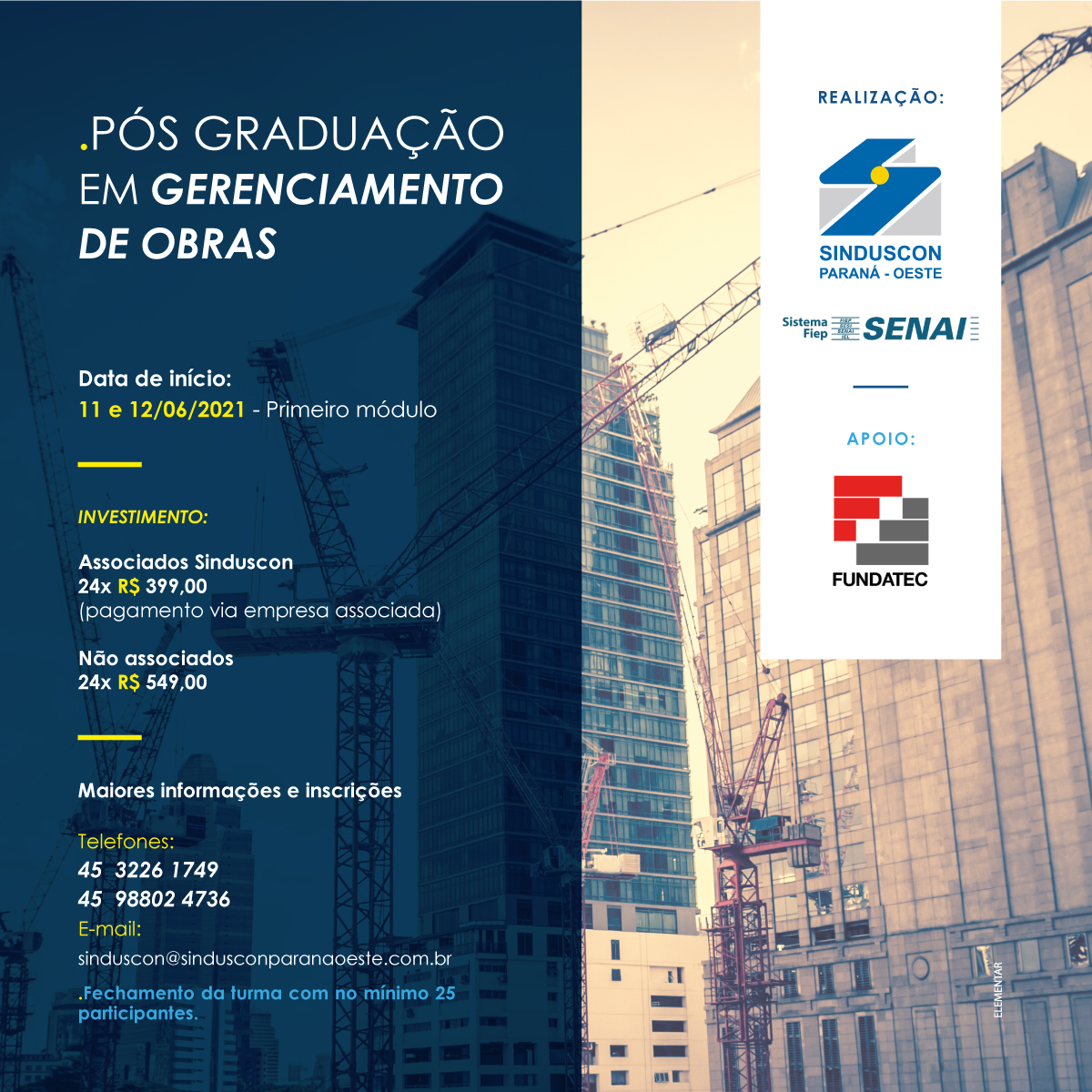 Banner: Últimas vagas para Pós-Graduação em Gerenciamento de Obras