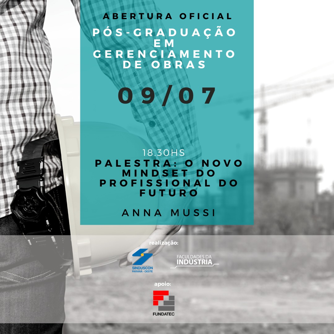 Banner: Aula inaugural da pós-graduação em  gerenciamento de obras será dia 09/07