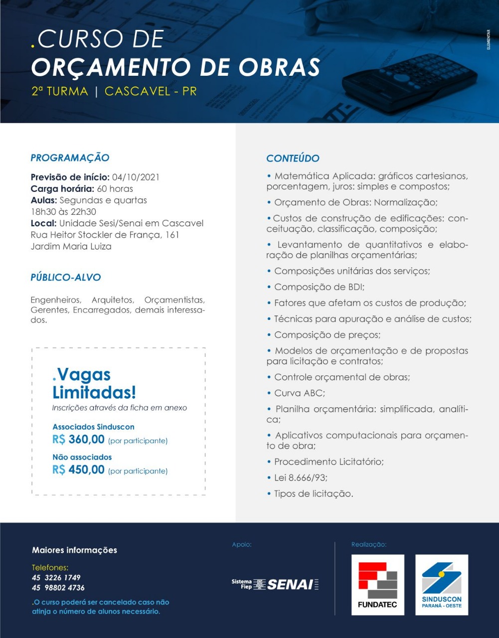 Banner: 2° turma do Curso de Orçamento de Obras pra Cascavel