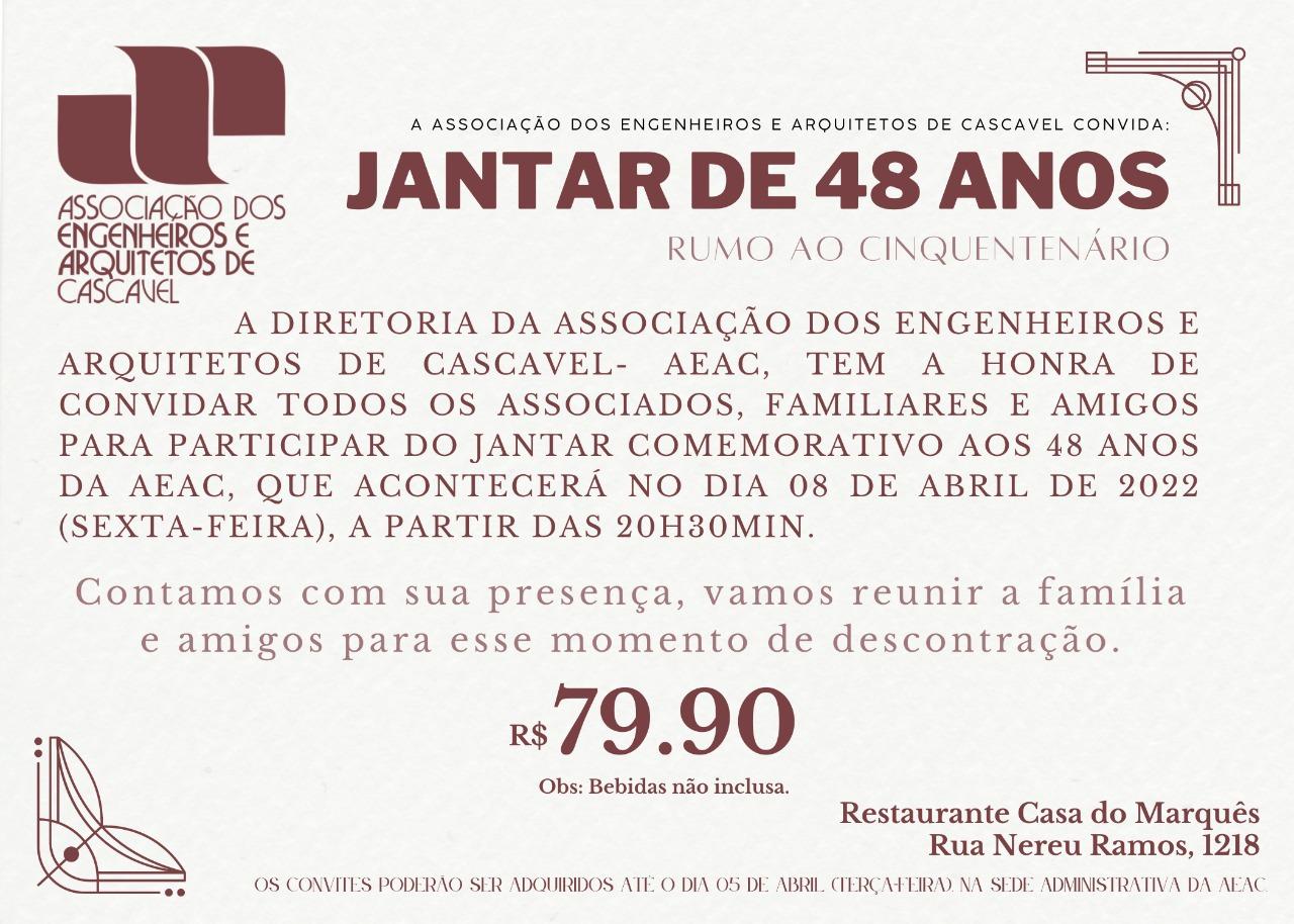 Banner: CONVITE JANTAR COMEMORAÇÃO 48 ANOS AEAC