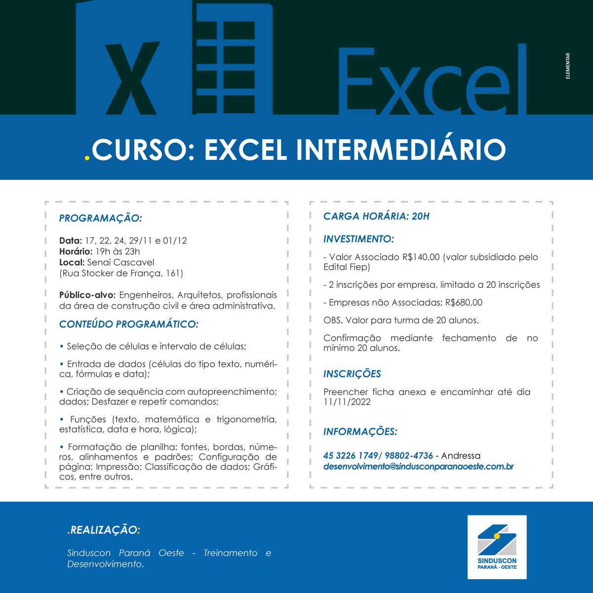 Banner: Novembro e dezembro terá curso de Excel Intermediário