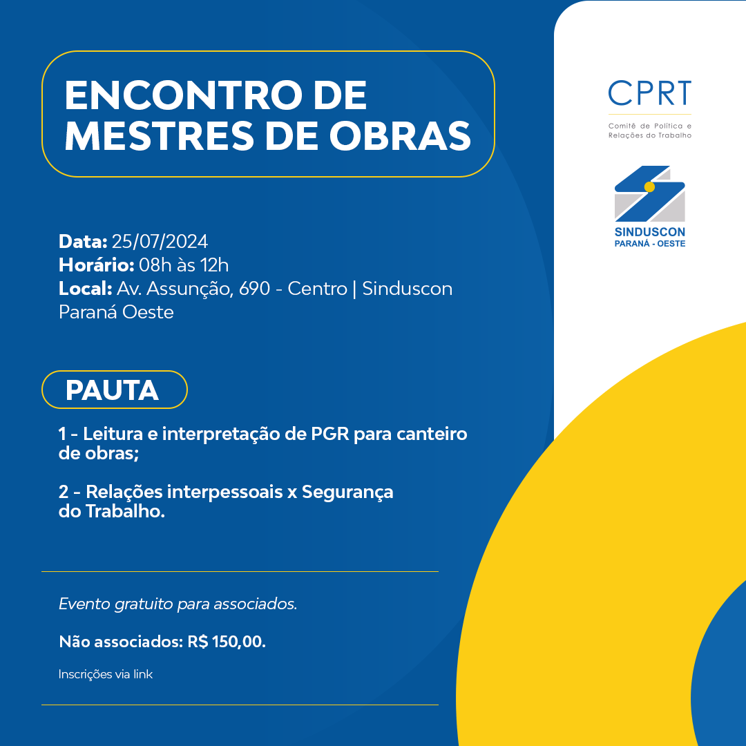 Banner: Encontro de Mestre de Obras será realizado dia 25 de julho
