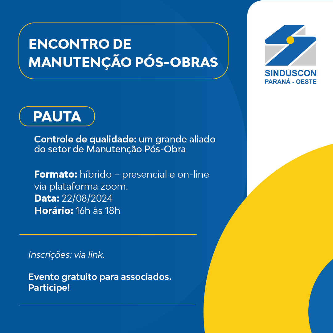 Banner: Encontro do Grupo de Manutenção Pós-Obra será realizado dia 22 de agosto
