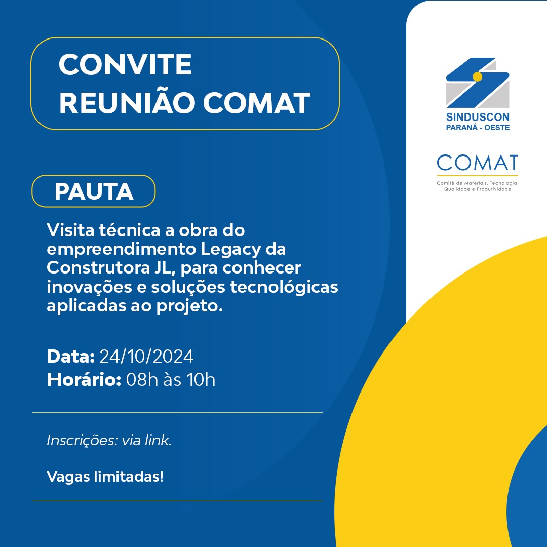 Banner: COMAT realizará uma visita técnica à obra do empreendimento Legacy da Construtora JL