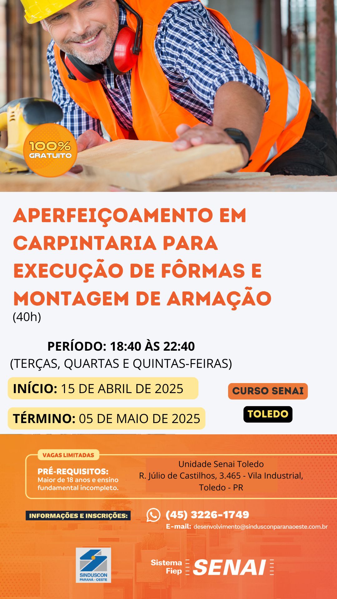 Banner: Cursos gratuitos auxiliam carpinteiros na execução de fôrmas e montagem de armação
