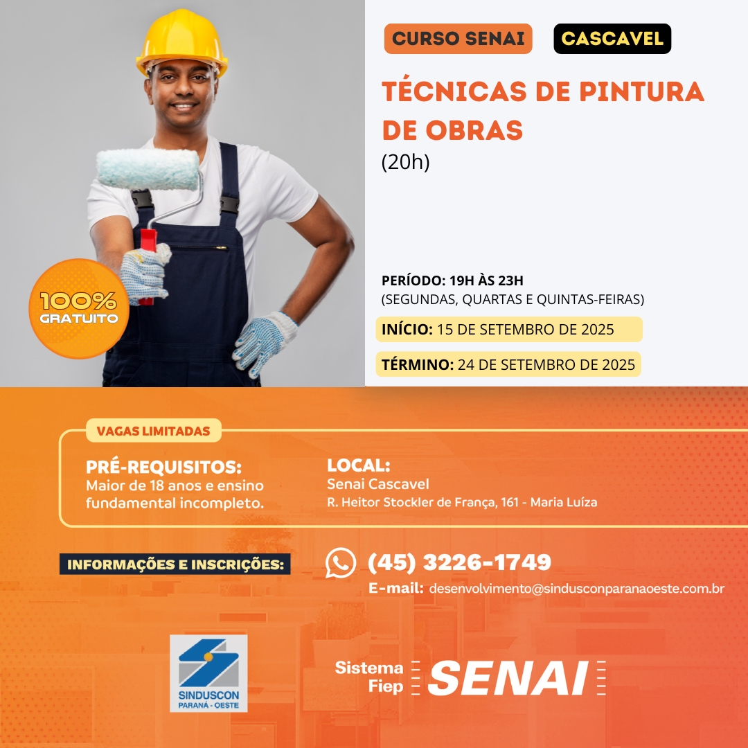 Banner: CURSO TÉCNICAS DE PINTURA DE OBRAS - SENAI CASCAVEL, TOLEDO E FOZ DO IGUAÇU
